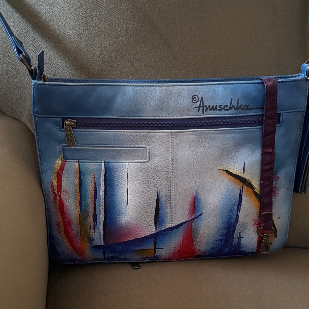Anuschka Artistic Blue and Red Crossbody Bag
